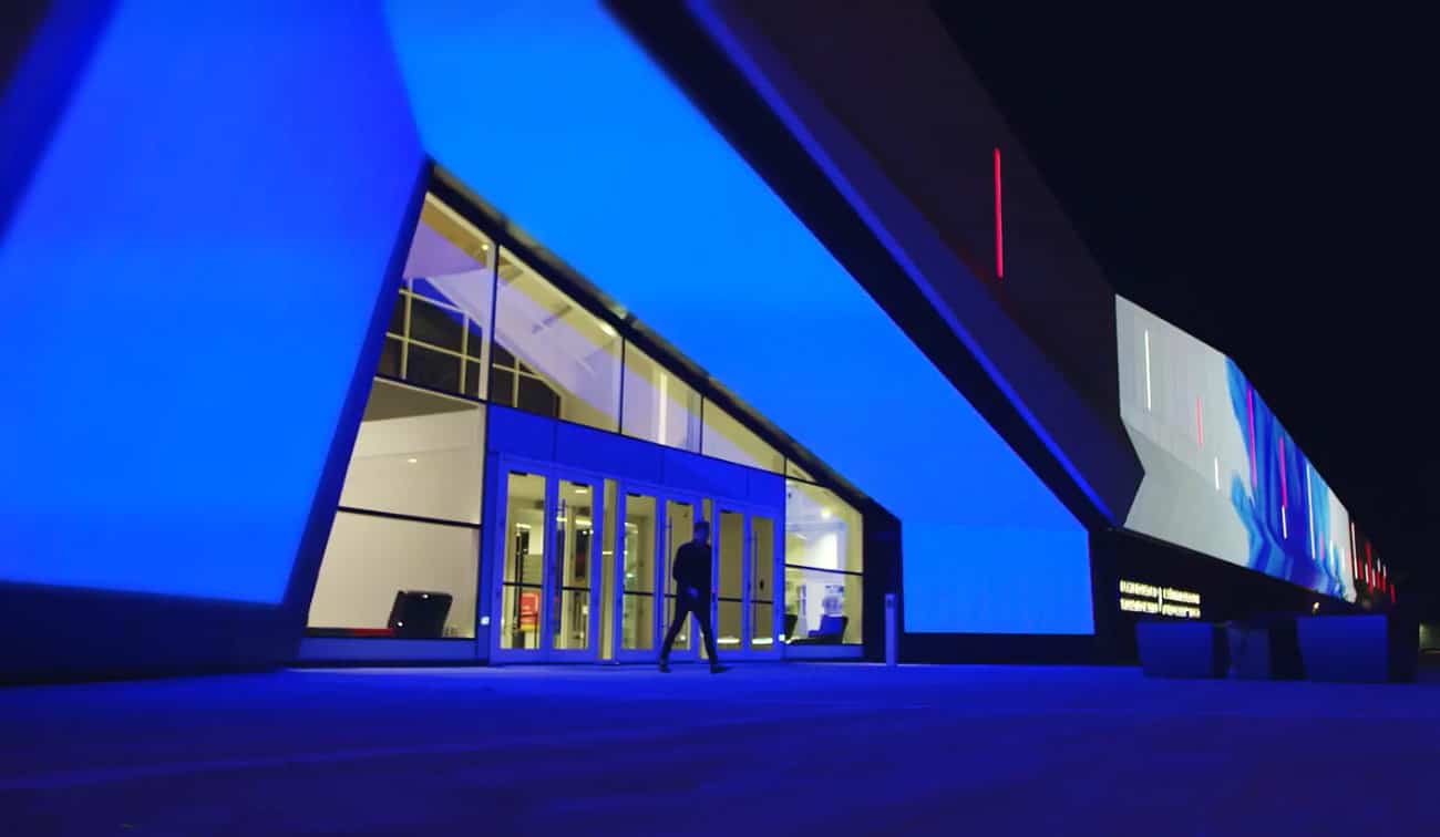 museum at night with blue led lights