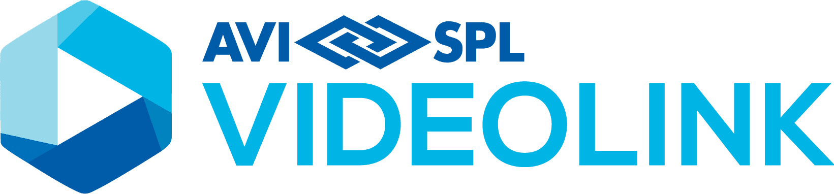 AVI SPL VIDEOLINK logo: Geometric hexagon on left, AVI SPL VIDEOLINK in varying shades of blue on right.