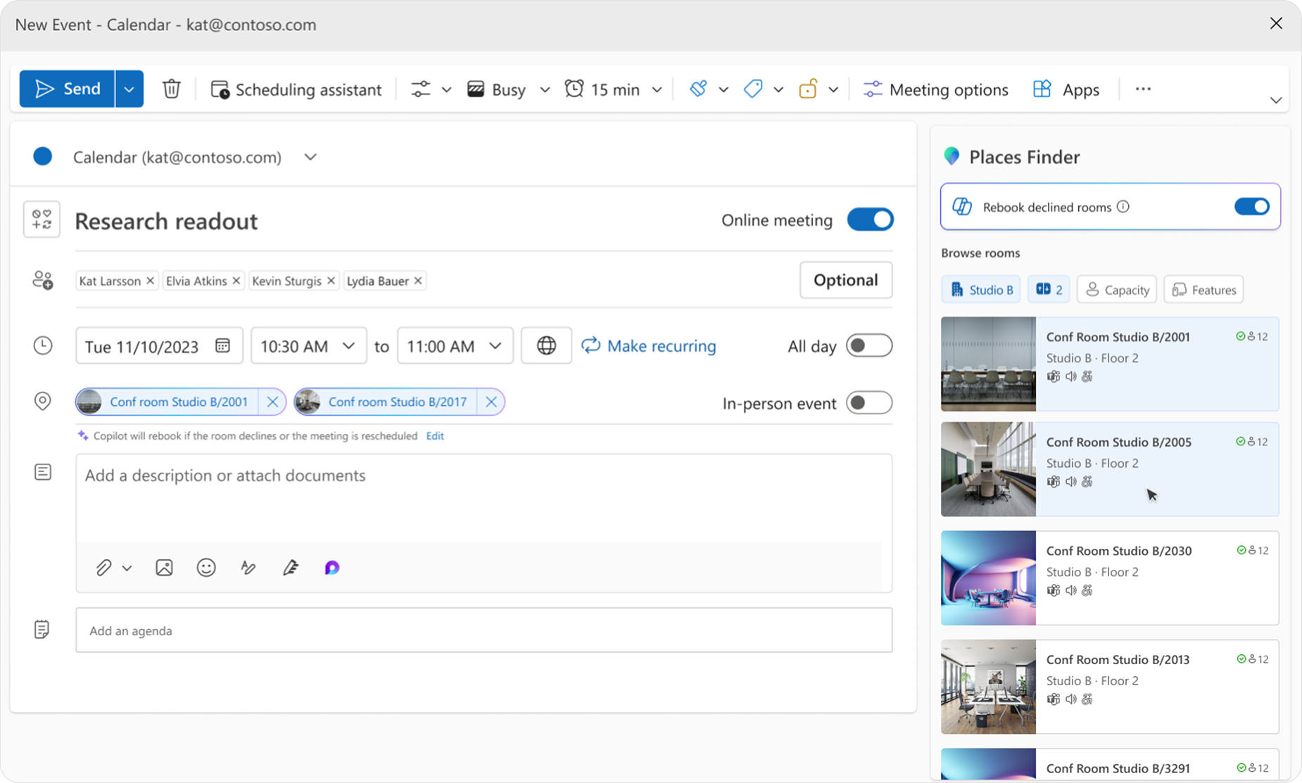 A view of Microsoft Outlook’s event scheduling panel with Places Finder, a visual room browsing tool.