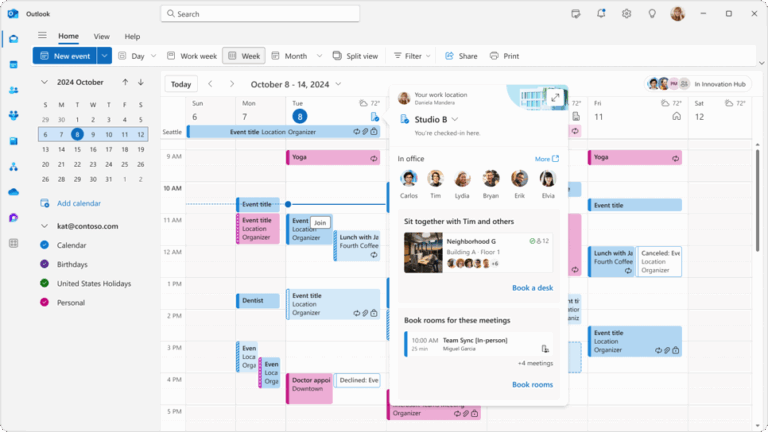 View of Microsoft Outlook with a Microsoft Places pop up tab suggesting places to sit in Studio B.