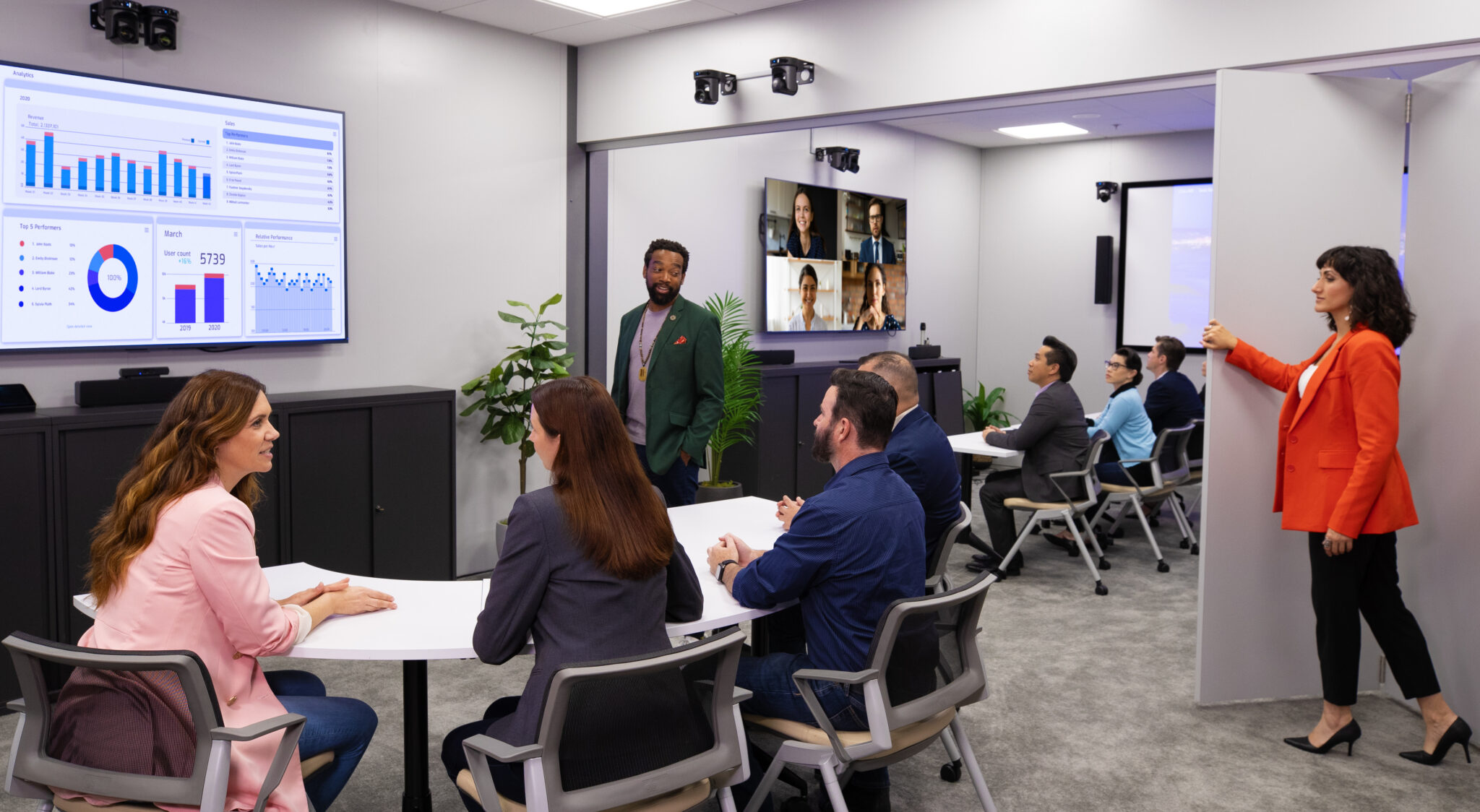 People in a hybrid meeting room using an Epson projector